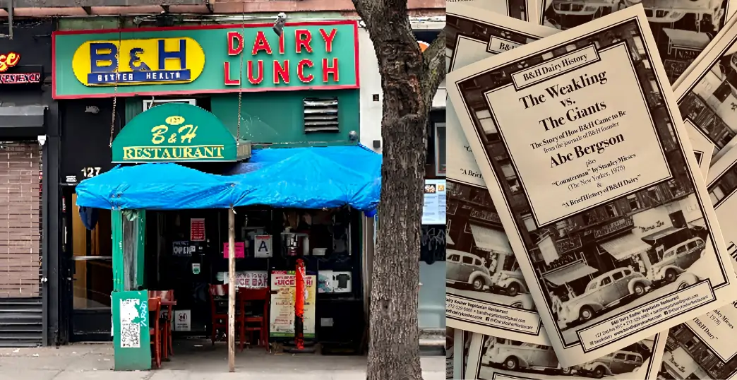 B&H Dairy restaurant exterior alongside vintage-themed history booklets telling the story of its founder Abe Bergson.