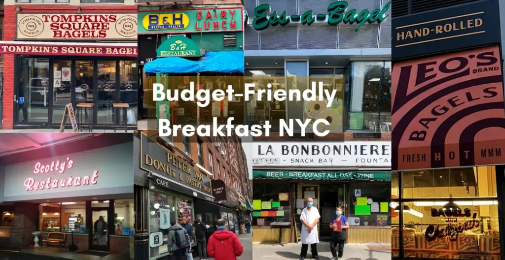 Collage of popular eateries offering Budget-Friendly Breakfast NYC, featuring bagel shops, diners, and local cafés.