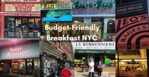 Collage of popular eateries offering Budget-Friendly Breakfast NYC, featuring bagel shops, diners, and local cafés.